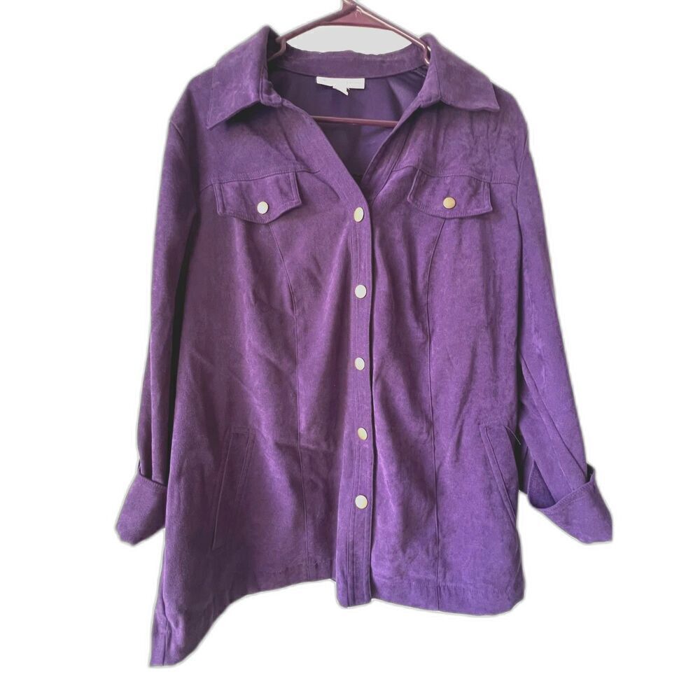 Women's button front shirt long sleeve shacket purple collar Pockets plus 16W.